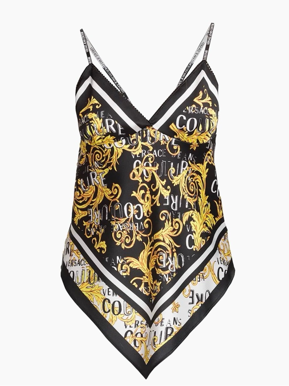 VERSACE Jeans Couture Baroque Gold/Black Logo-Print Scarf Top Size 4 (runs large